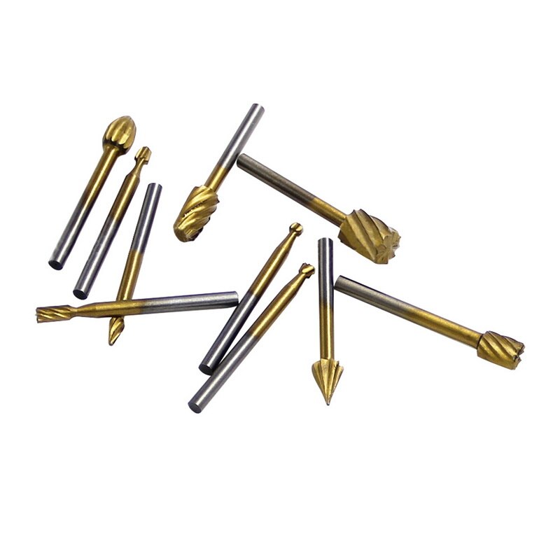 10pcs 1/8 HSS Routing Router Drill Bits Set HSS Burrs Tools Wood Stone Metal Root Carving Milling Cutter
