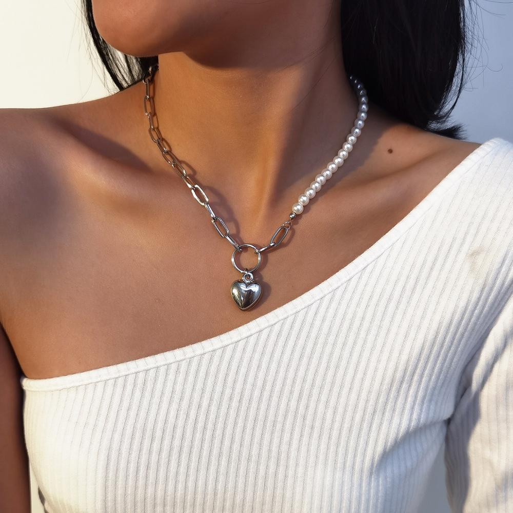 Gargantilla de perlas colgantes barrocas góticas Collar de mujer Kpop Boho Punk Lover corazón con cuentas Collar de cadena larga joyería estética
