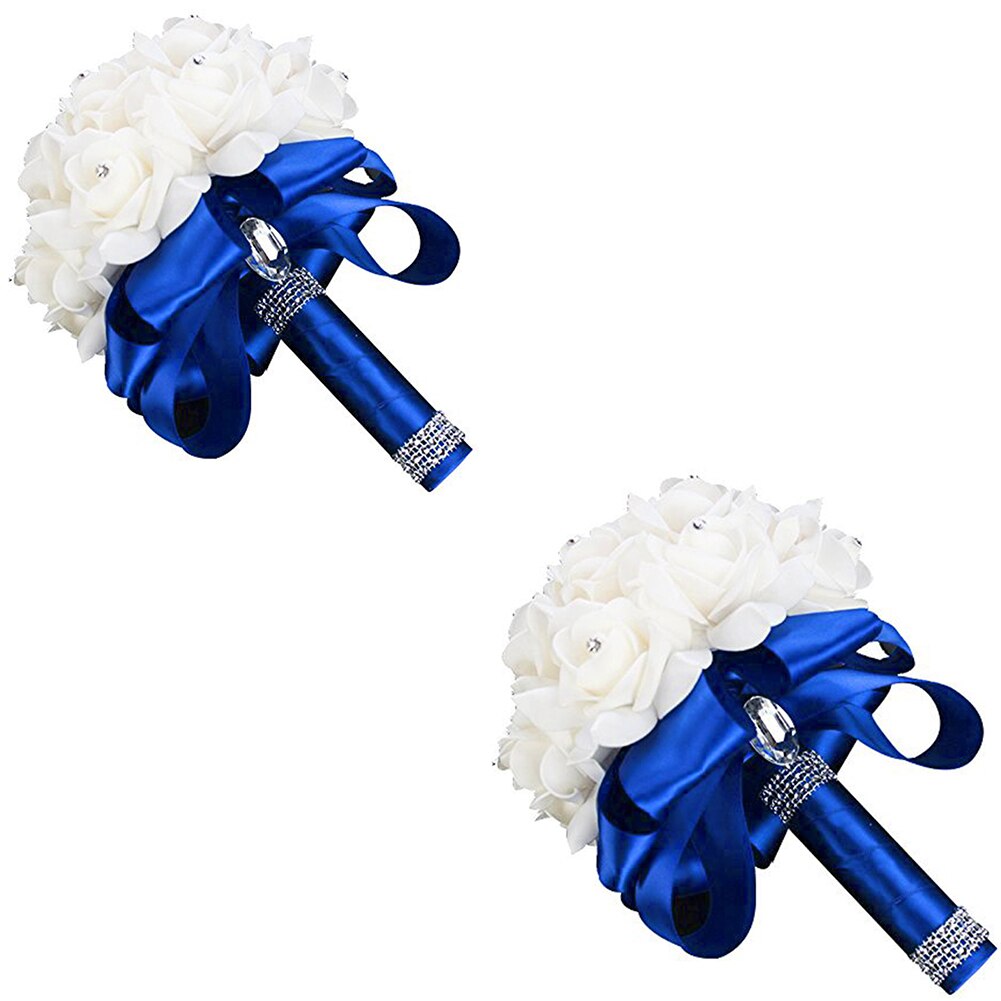 Beautiful White Ivory Bridal Bridesmaid Flower Wedding Bouquet Artificial Flower Rose Bouquet Crystal Bridal Bouquets: 2 Royal blue