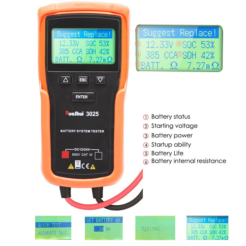 Automotive Battery System Tester Car Battery Capacity Power Detector for Vehicle Batteries Solar Batteries ALI88