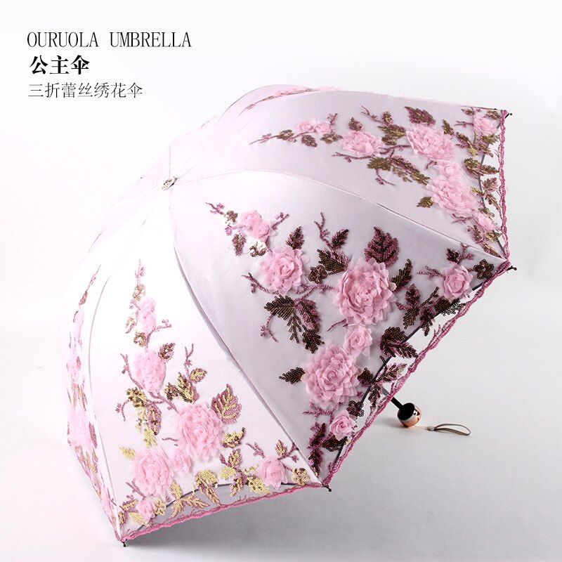 Women's umbrellas from the rain sun lace folding Parasol Girls outdoor parasol summer wedding sunshade flower wedding Umbrellas: Pink