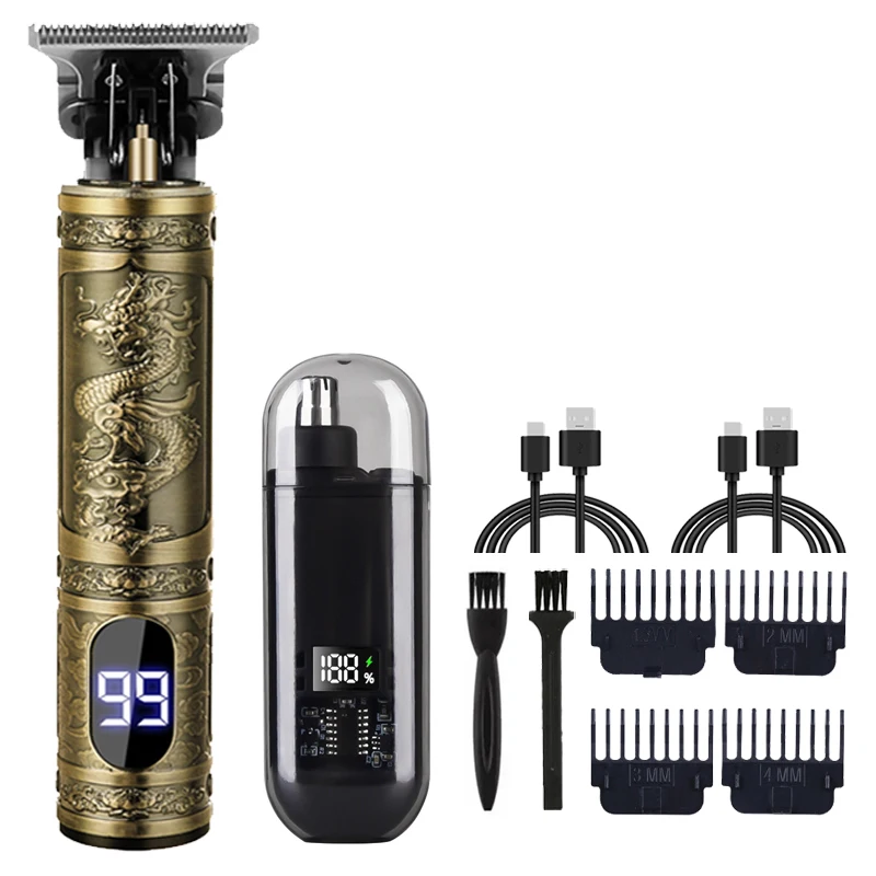 Vintage T9 Barber Clipper - Dragon Engraved Trimmer, Grade USB Fast Charge for Men's Hair/Beard/Body Grooming: Silver