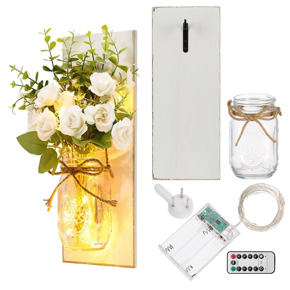 Tira de luces LED de pared con Control remoto para colgar en el hogar, apliques de luz con flores artificiales de tarro de albañil, decoración para el hogar, 2 uds.