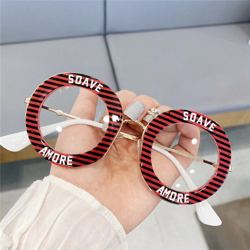 Nuevas gafas redondas transparentes Galsses para mujer, montura de Metal a la para estudiantes, gafas ópticas con letras de personalidad a rayas, gafas informales de gran tamaño