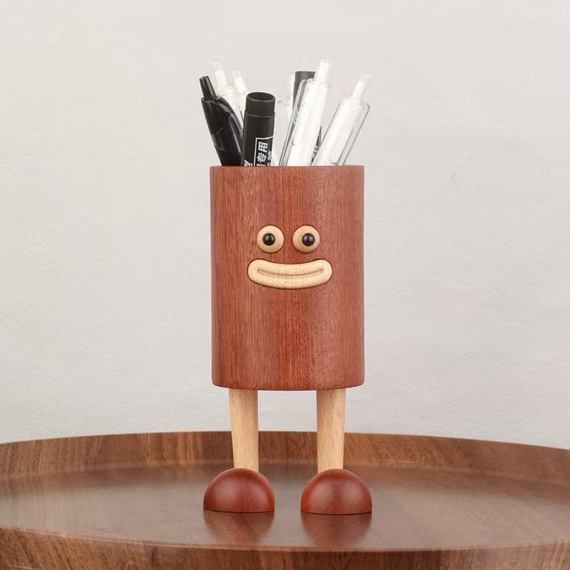 HeMu Cute Cartoon Wooden Pen Holder with Legs, Smiley Face Desk Organizer for Pens, Pencils and Makeup Brushes