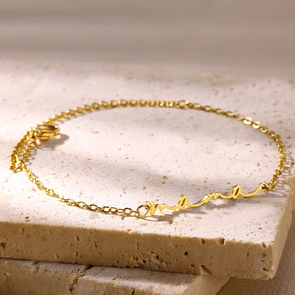 Delicate mini "mama" letter bracelet for women, gold-colored, stainless steel, elegant adjustable link chain, mother's day jewelry, mum gift: Reddish brown