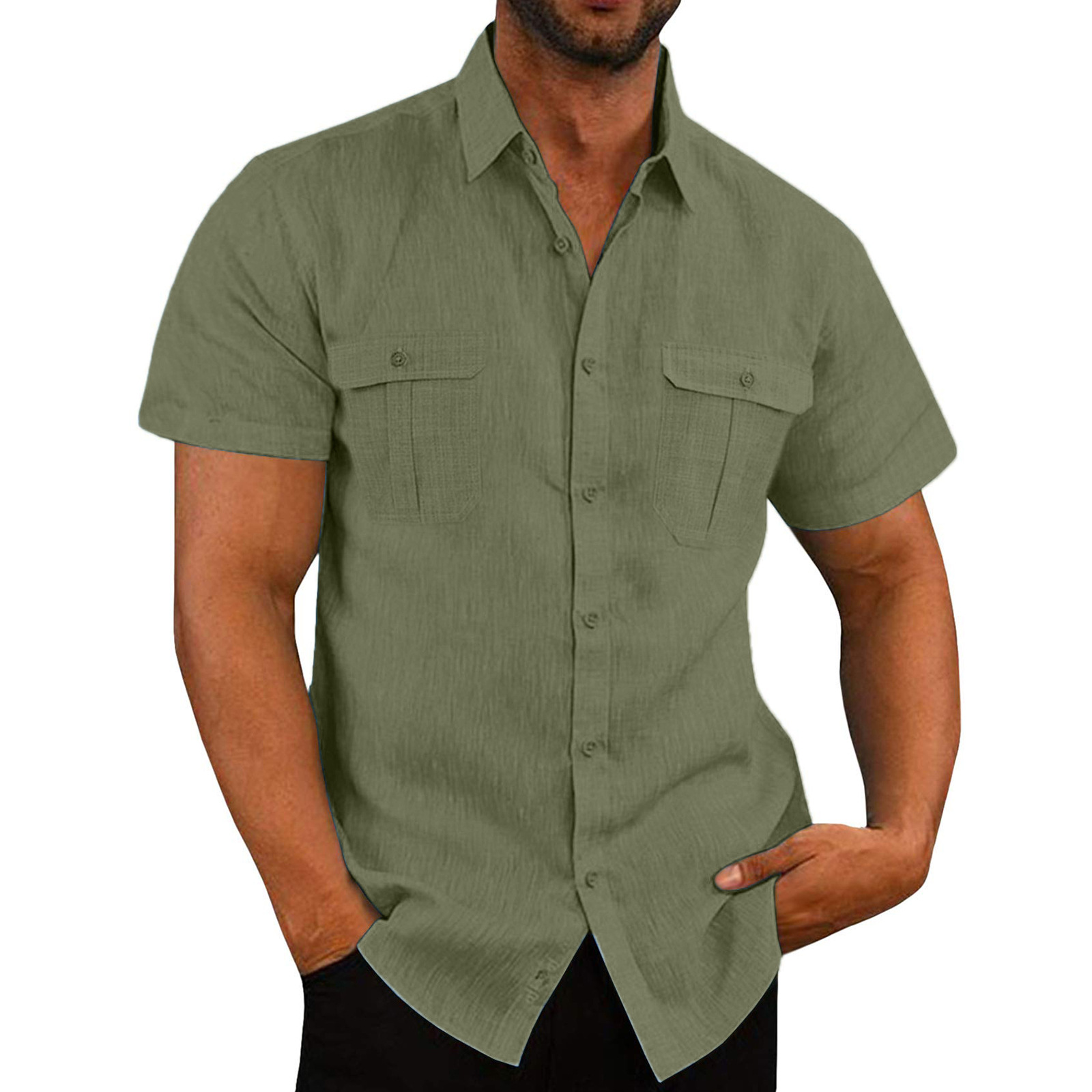 Bomull linne herr kortärmade skjortor sommar enfärgade ståkrage avslappnad strandstil plus size herrskjortor m -5xl: L / Grå
