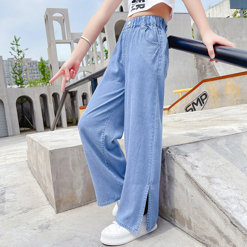Teen Girls Summer Elastic Waist Wide-Leg Pants Loose Soft Split Denim Trousers Students Jeans 6 8 10 12 13 14 Years Old