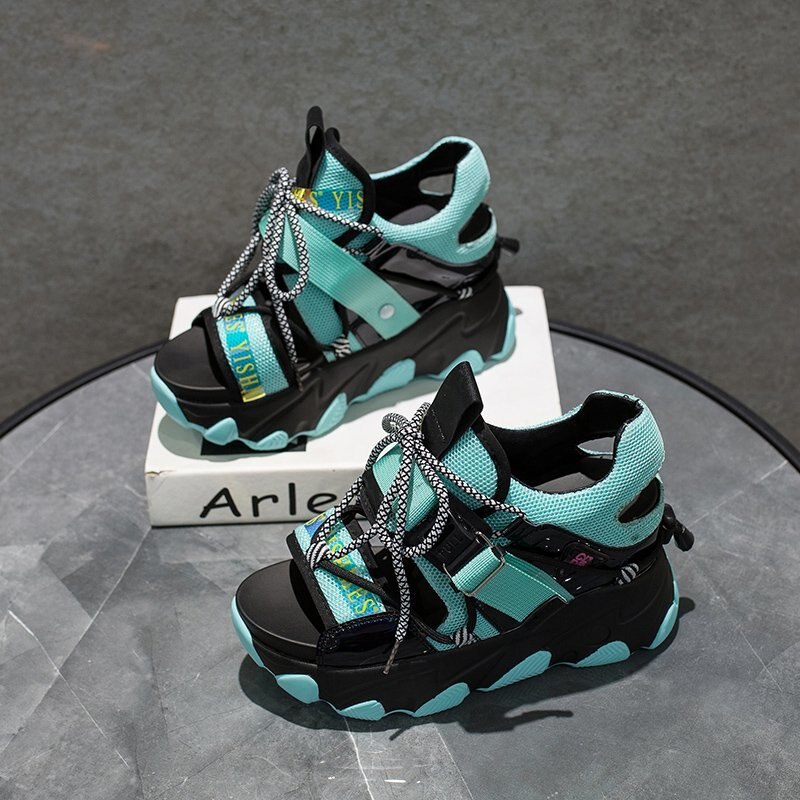 Kobiety Chunky sandały platformy 10cm Super wysokie obcasy obuwie brytyjski styl projektanci kobieta Wedge moda sandały damskie 2020: blue / 34