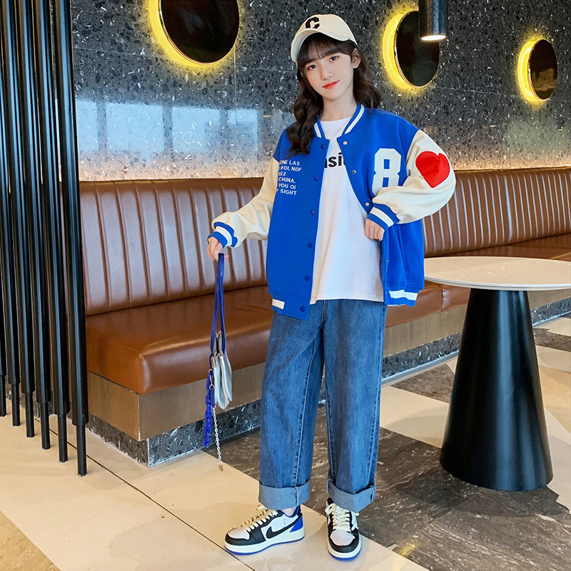 Chaqueta de béisbol con estampado de letras para niñas y adolescentes, chaqueta de béisbol con patrón de corazón, cárdigan grande, prendas de vestir, abrigos, color negro y azul, Primavera