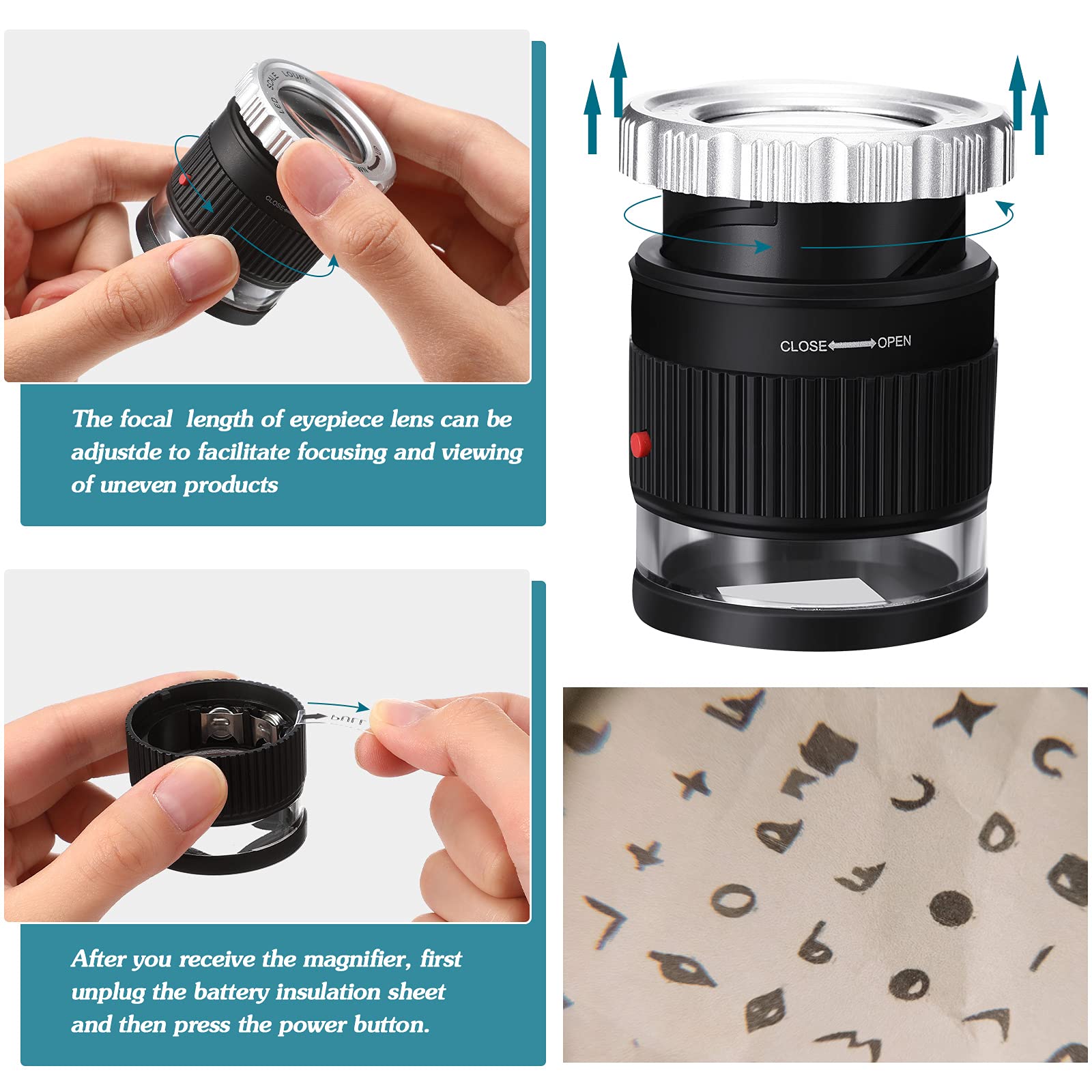 Lupa de bolsillo 30X con escala, Lupa iluminada con luz LED UV, Lupa HD Focal ajustable, herramienta de joyería, Lupa de lectura