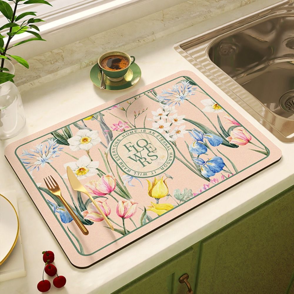 Serviesgoedkleed Superabsorberende Schoteldroogmat Bloemenprint Antislip Afvoermat Sneldrogend Vintage Afvoerkussen Tafeldecoratie
