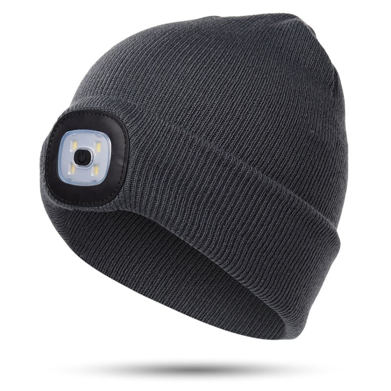 LED Lighted Beanie Rechargeable 4 LED Headlamp Hat,Knitted Winter Hat G99D: Dark gray