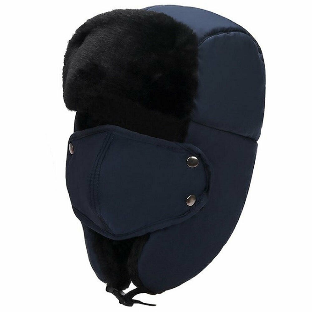 Mens Causual Trapper Aviator Trooper Hat Warm Fur Earflap Thicken Ski Mask Cap Windproof Bomber Hats Black Gray Red Khaki: Navy Blue