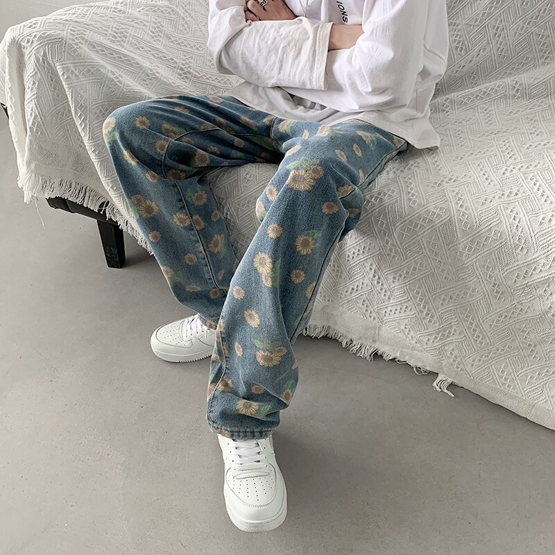 Men Jeans Floral Printed Drawstring Full Length Denim Long Trousers Hip Hop Korean Style Trends Leisure Loose Handsome