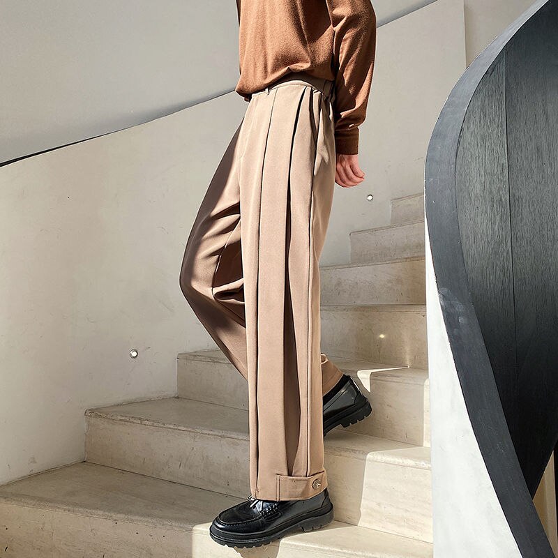 Miesten housut syksy talvi hoikka yksiväriset suorat housut laskostetut housut rento persoonallisuus nuorten miesten vaatteet: Ruskea / L