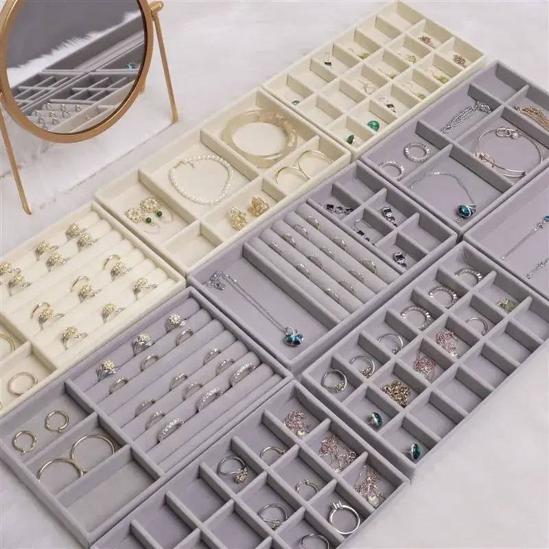 Fluwelen Sieraden Opbergdoos Ketting Stapelbaar Display Lade Armband Oorbel Organisatoren Diy Handwerk Lade Box Grey