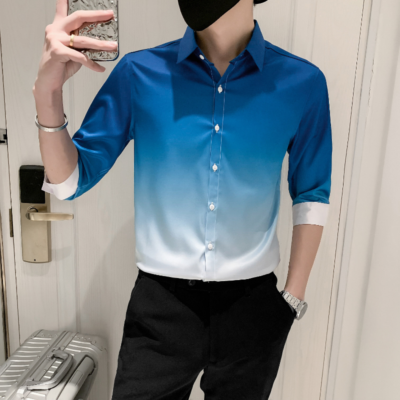 Camisa de Color degradado para hombre, ropa informal ajustada, esmoquin para baile de graduación, Media manga, 4xl-M