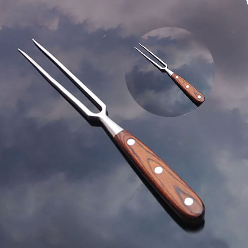 Wooden Handle Stainless Steel BBQ Fork Portable Outdoor Barbecue Tool Barbecue Meat Wood Fork Barbecue Fork Kitchen Tools