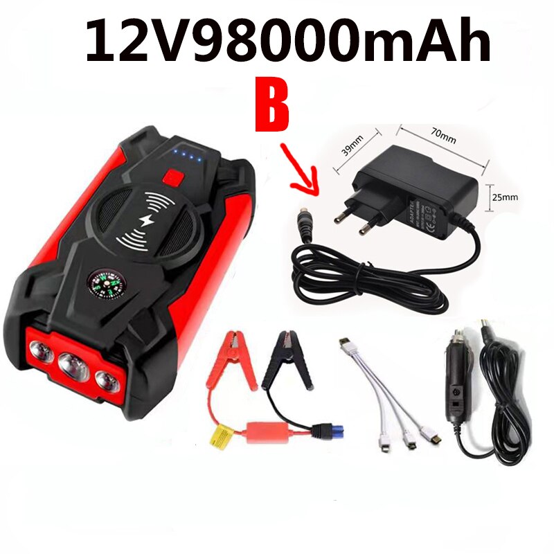 Démarreur de saut de voiture 12V, batterie Portable, Booster de chargeur, dispositif de démarrage de voiture Diesel: 12V98000mAh-B