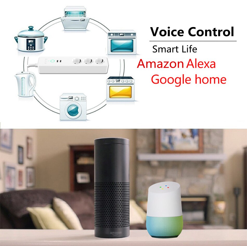 Regleta de potencia inteligente con enchufe WiFi de 16A, enchufe multienchufe con 3 salidas de CA y 2 puertos de carga USB, Control por voz, funciona con Alexa google home