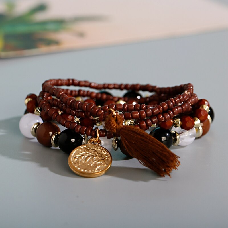 Pulseras de múltiples capas con abalorios bohemios para Mujer, brazaletes con borlas y cuentas de cubo étnico gitano: Style 10