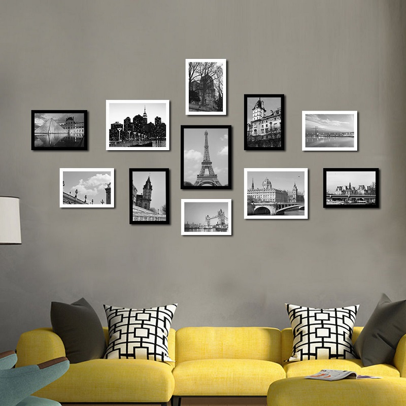 Moderne 11 stk væghængende fotoramme fotovægdekoration stue baggrund fotoramme boligindretning familiebilledvisning: Sort og hvid