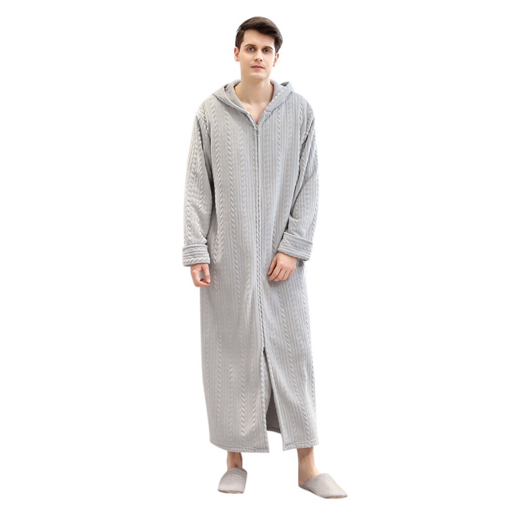 Couples Men's Lengthened Bathrobe Zipper Home Clothes Long Sleeved Robe Coat Patchwork Casual Handsome Long Sleeve Bathrobe: Gray / XL