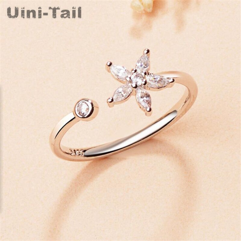 Uini-tail 925 sterling zilveren vijfbladige bloem micro inlay open ring eenvoudige persoonlijkheid niche