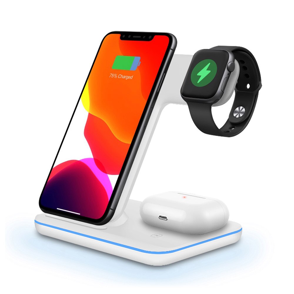 3 en 1 15W rapide Qi support de chargeur sans fil pour iPhone 11 XS XR X 8 SE2 Samsung S20 pour Apple Watch 5 4 3 Airpods Pro Galaxy Dock: WHITE