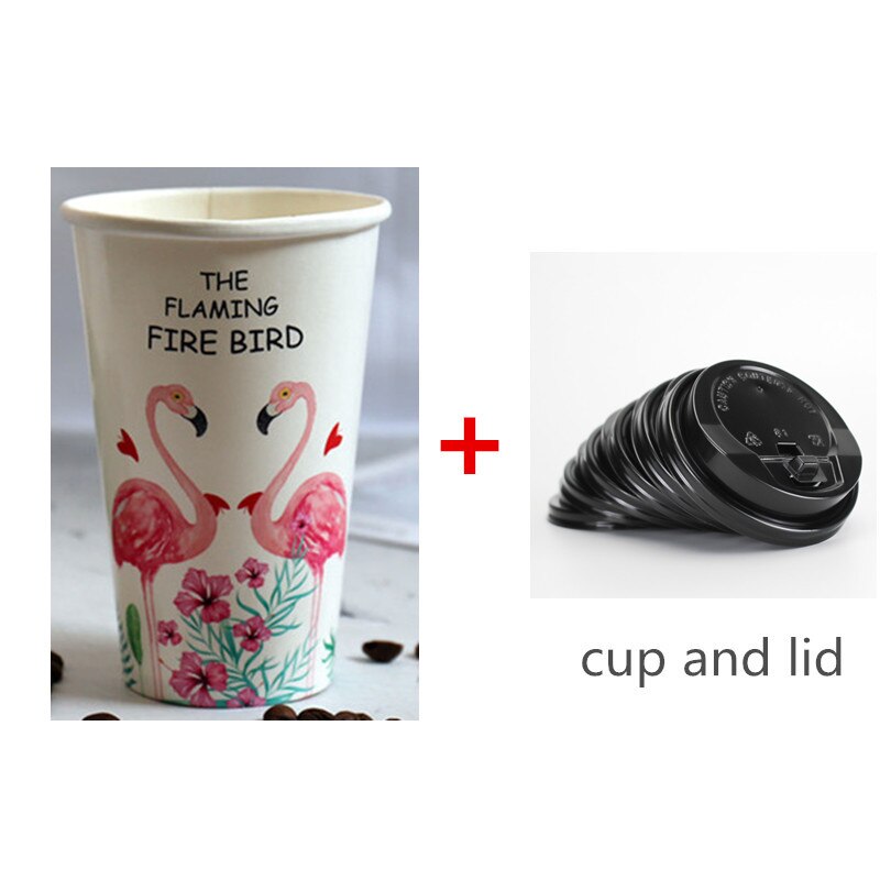 50pcs white flamingo cup 500ml disposable coffee cup party birthday favor beverage paper cup with love lid: cup and lid1 / 500ml 50pcs