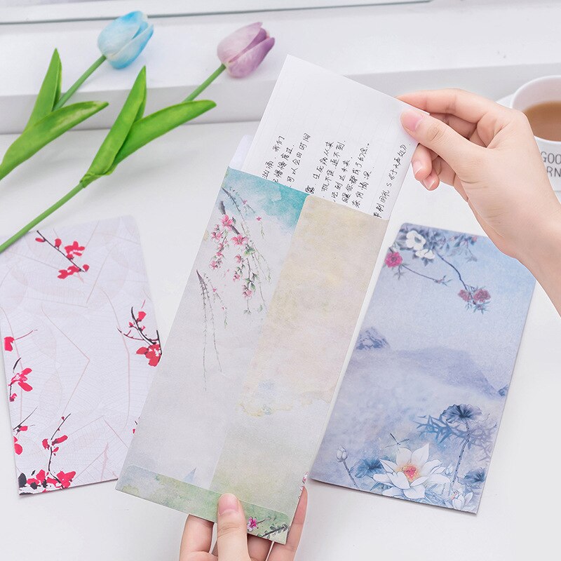 Ezone 3 pçs estilo chinês envelope para carta de escrita cartão de papel retro flor artesanato envelopes de papel material escolar