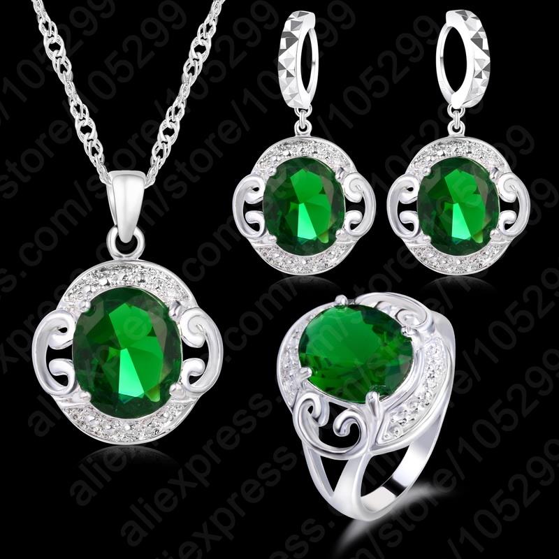 925 Sterling Zilver Beste Groene Cubic Zirkoon Kristallen Sieraden Sets Hanger Ketting Oorbellen Ring