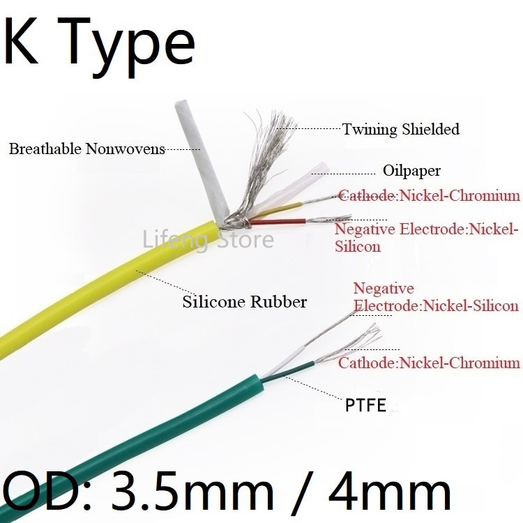 K Type OD 4mm 3mm Towed Thermocouple Line 2 Cores Soft Silicone Rubber Shielded Wire PTFE Insulated PTFE Compensation Cable