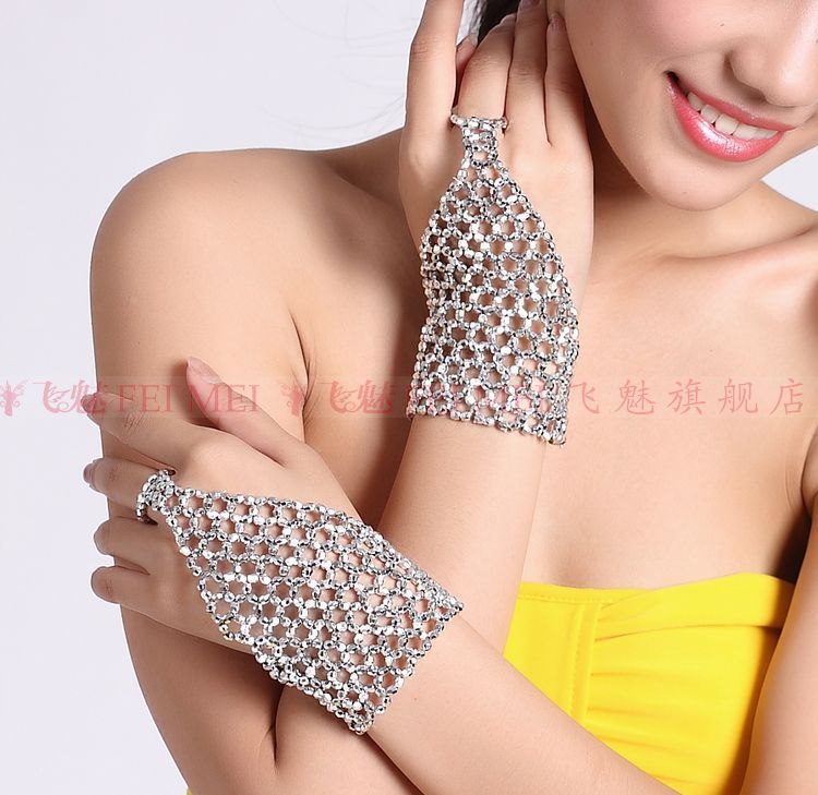 2 pièces bracelet élastique danse du ventre/doigt moyen chaîne anneau accessoires danse du ventre: silver
