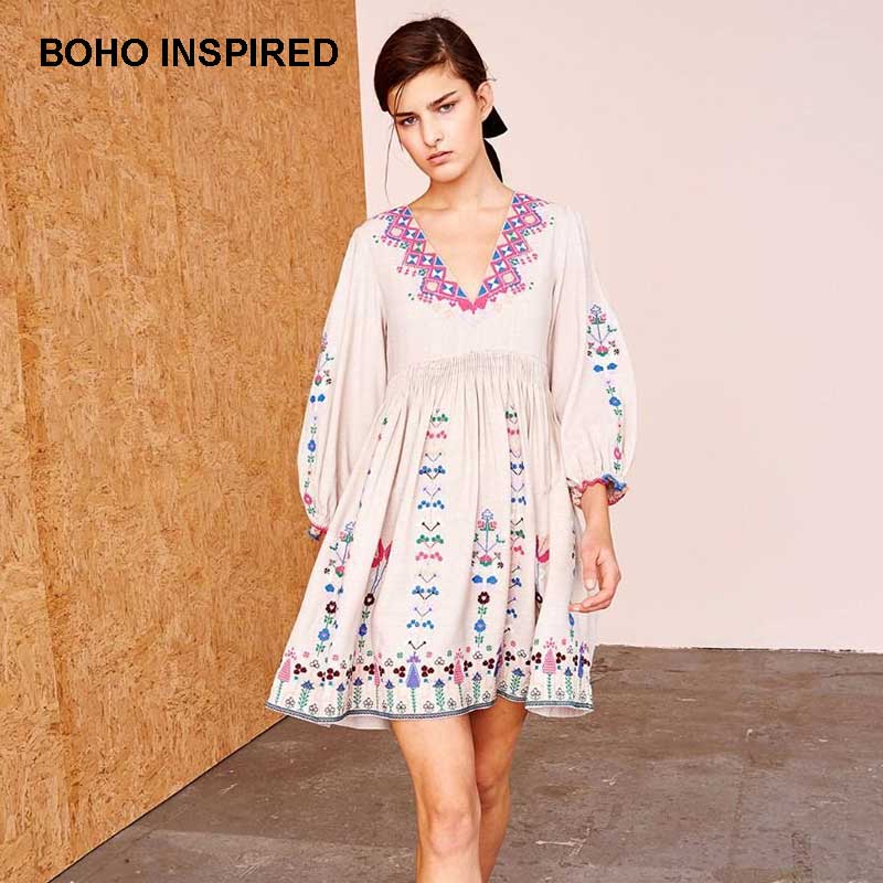 Boho inspirerad blommig folkloristisk broderad mini boho klänning 3/4 ärmar sommarklänning virkad v ringklänning kvinnliga vestidos