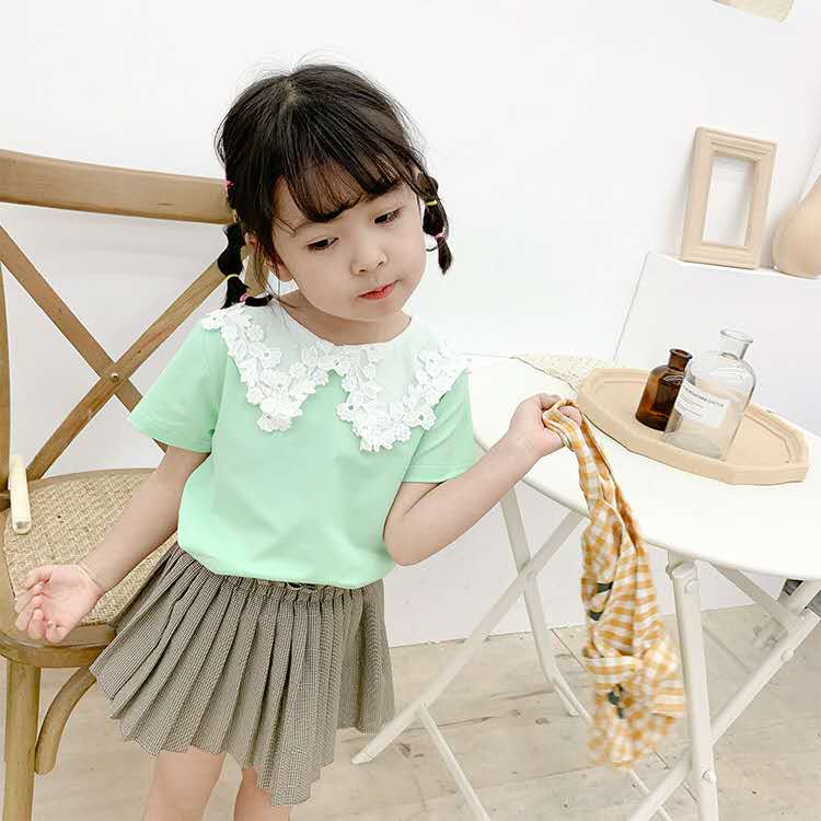 Kinderkleding Zomer Meisjes Kleine Verse Kant Pop Kraag Korte Mouwen T-shirt Baby Casual Wilde Effen Kleur top: Sky Blue / 80cm