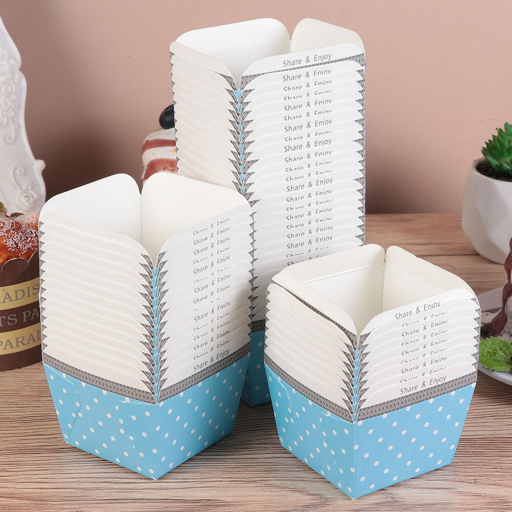 100pcs Paper Cupcake Cups Square Disposable Cake Cup Heat-resistant Dessert Bowls Mini Cake Box Party Supplies (Blue Dot): Blue Dot