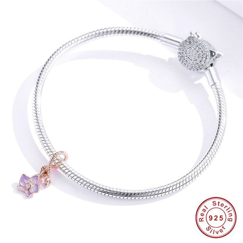 Fit Vrouwen Armband Of Ketting 100% 925 Sterling Zilveren Vlinder Orchidee Rose Gouden Hanger Diy Sieraden