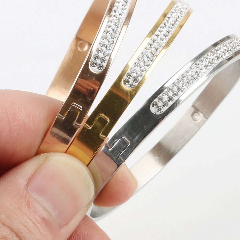 Joyería de 3 colores oro rosa plata dos filas de diamantes de imitación de cristal pavimentan pulseras de acero inoxidable brazaletes para mujeres de niña