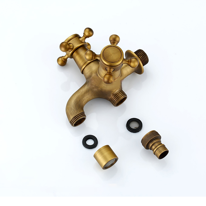 Antique Brass Single Cold Tap Dual Use Washing Machine Faucet G1/2 Wall Mount Double Spouts Decorative Garden Bibcock Faucet