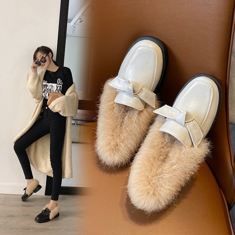 Shallow Mouth Casual Woman Shoe Slip-on Modis Loafers Fur Female Footwear Round Toe Moccasin Slip On Winter Dress Big