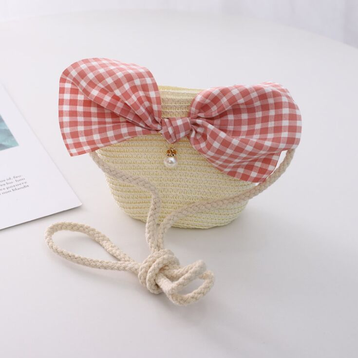 Zomer Kind Prinses Leuke Cartoon Stro Hoed Met Handtassen Tassen 2 Stuks Een Set Kids Meisje Baby Boog Plaid panama Zonnehoed: Bag white