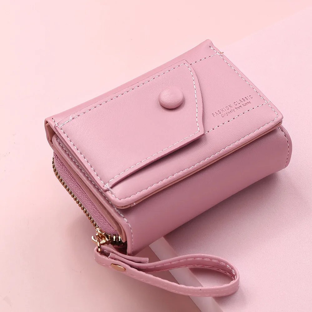 Four Seasons Women's Short Wallet Zipper Tower Buckle Zero Wallet Girl Student Handheld Bag Solid Color Simple Versatile: Pink