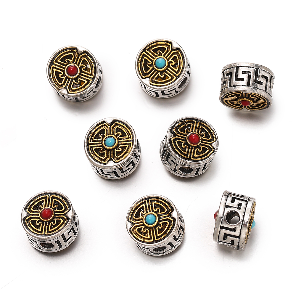 5 unids/lote cilindro redondo budista nepalí tibetano Color plata/oro cuentas sueltas de Metal para fabricación de joyería DIY pulsera: Oro