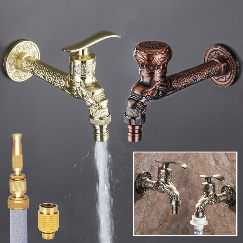Carved Wall Mount Garden Faucet Lengthen Brass Decorative Outdoor Bibcock Tap Watering Fitting Faucet Adapter