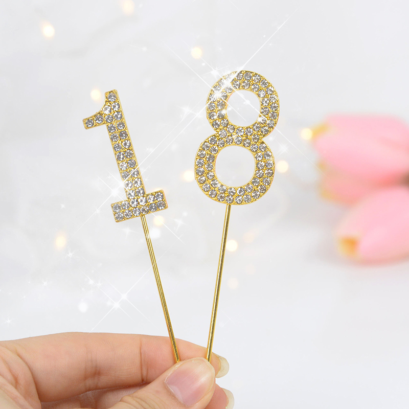 Glitter Alloy Rhinestone 0-9 Number Cake Toppers Gold Silver Digital Cupcake Topper Wedding Birthday Party Dessert Decorations