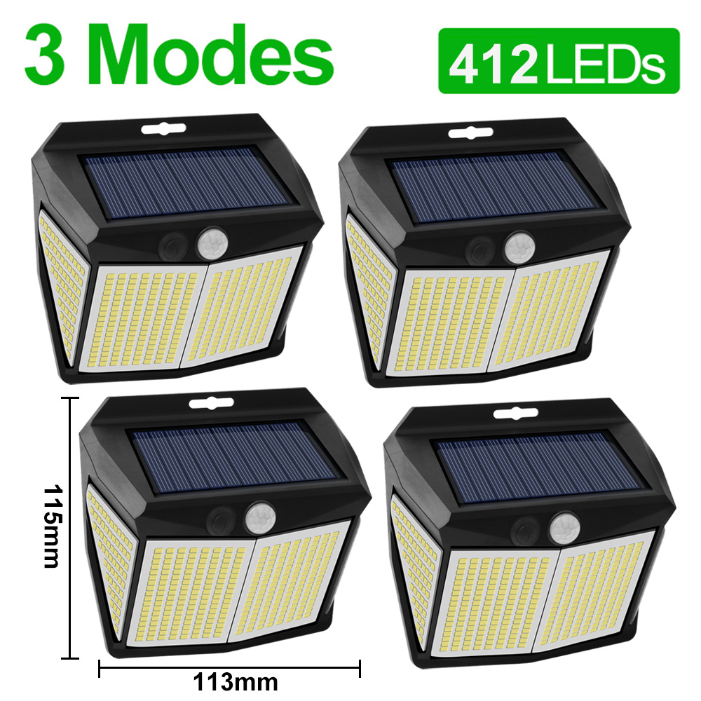 Luces solares 412 LED impermeables alimentadas por luz Solar, lámpara de pared de calle con 3 modos y Sensor de movimiento para decoración de Patio y jardín al aire libre: 412 LED-4 Pieces