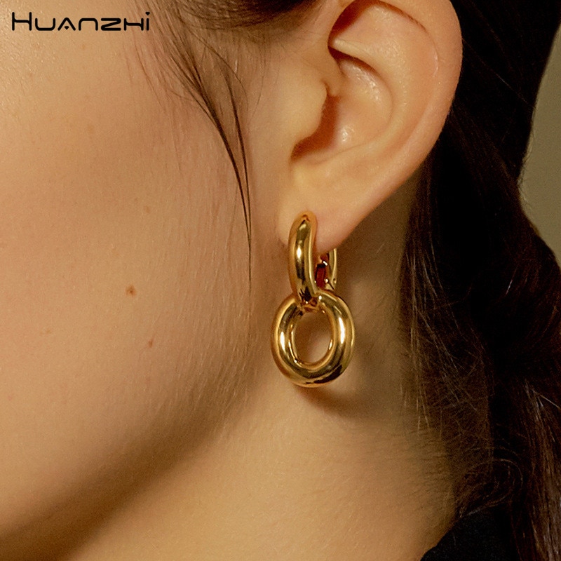 Huanzhi Retro Eenvoud Goud Kleur Metalen Oorbel Geometrie Ronde Ear Ring Voor Vrouw Meisjes Accessoires