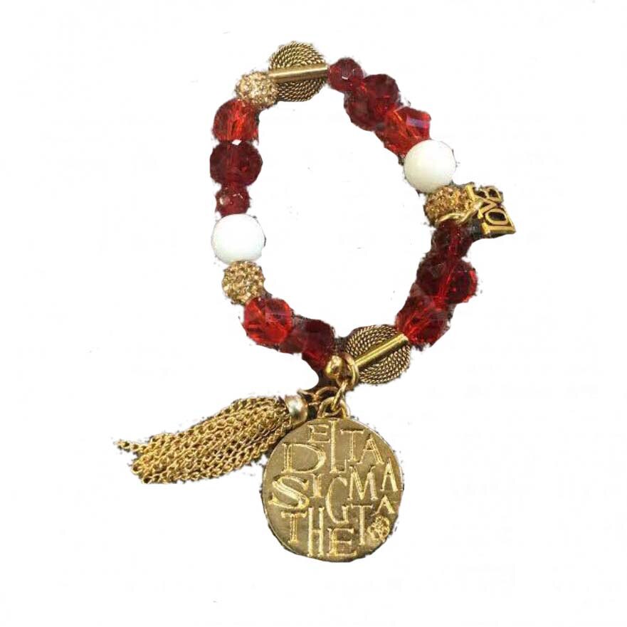 Rouge élastique sororité femmes bijoux cristal perlé Bracelet Bracelet grec sororité charme gland Bracelet: gold